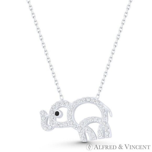 Baby Elephant Animal Charm CZ Crystal Open-Design Pendant in 925 Sterling Silver - Picture 1 of 1